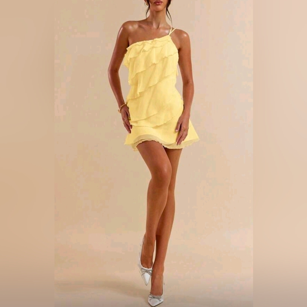 New Flirty Sheer Chiffon Layered Ruffle One Shoulder Mini Dress Yellow - Picture 7 of 9